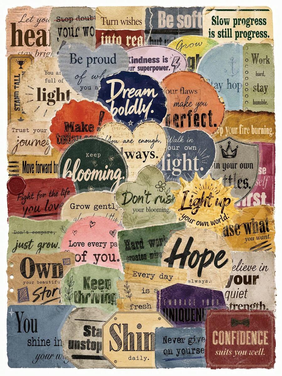 53Pcs Aesthetic Retro Positive Quote PET Stickers, Waterproof Inspirational Saying Decals, Journaling Scrapbook Sticker Set For Water Bottles Laptops Phone Cases Teens Adults - Inspirational Quotes - View 1
