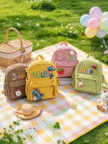 1pc Personalized Pink Customized Name Corduroy Backpack, Cute Student School Bag, Exquisite Embroidered Bag, Unique Back To School Birthday Gift, Aesthetic Retro Sweet Style, Chenille Applique - Multicolor - View 5