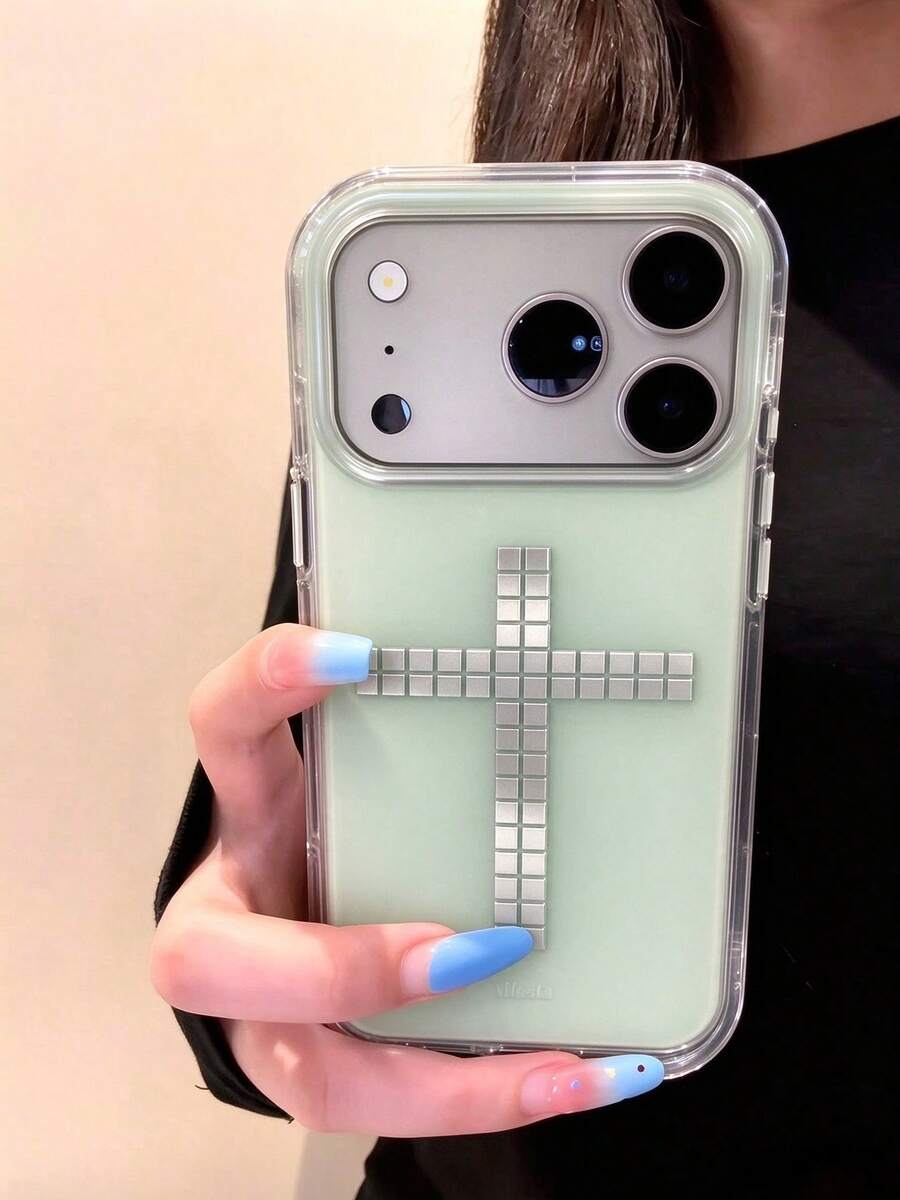 Niche Premium Silver Square Cross Design Phone Case Compatible With IPhone 17 Pro Max Apple 16 Full Edge Coverage 15 Shockproof Protective Shell 16 Pro Max Creative 17 New Model 16 Niche 18 Pro Max Women's 18 - Green - View 1