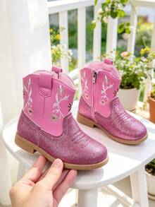 Girls Hot Pink Glitter Western Cowboy Boots, Floral Embroidered Booties With Side Zipper, Retro Chunky Heel For Fall & Party - Pink - View 2