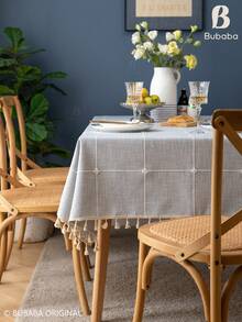 Bubaba Grey-Blue Embroidered Plaid Rectangular Tablecloth With Cream Tassel Trim, Linen-Texture Fabric, Country Farmhouse Bohemian Style, Suitable For Kitchen, Dining Room, Daily Home Decor And Party Table Cover - Multicolor - View 7