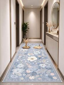 1pc Fog Blue Floral Long Runner Rug, Soft & Comfortable Bedroom Carpet, Washable Rug, Suitable For Front Door, Entryway, Hallway, Kitchen, Bedroom, Dorm, Dining Room, Skin-Friendly Rug, Living Room Carpet, Sofa Seating Rug, Area Rug, Creative Versatile Home Decor Rug, Large Living Room Rug, Bedroom Carpet, Walk-In Closet Rug, Room Decor, Gift For Family And Friends - Multicolor - View 5