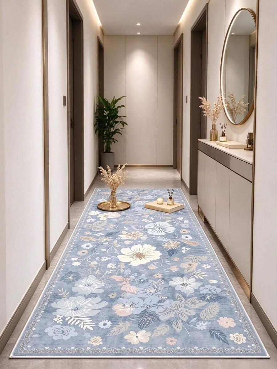 1pc Fog Blue Floral Long Runner Rug, Soft & Comfortable Bedroom Carpet ...