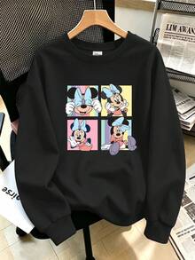 Disney Women's Plus-Size Casual Crew-Neck Long-Sleeve Sweatshirt, Featuring A Minnie Mouse Expression Print – A Sweet Style For Autumn And Winter - Black - View 1