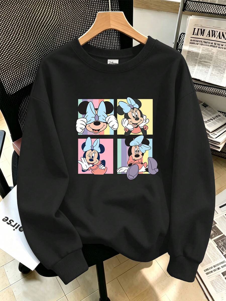 Disney Women's Plus-Size Casual Crew-Neck Long-Sleeve Sweatshirt, Featuring A Minnie Mouse Expression Print – A Sweet Style For Autumn And Winter - Black - View 1