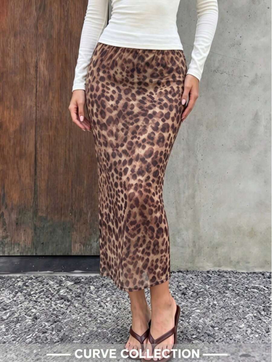Plus Size Women's Leopard Print Casual Skirt, Spring - Mocha Brown - View 1