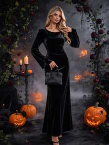 Halloween Costume Elegant Solid Color Velvet Long Sleeve Bodycon Maxi Dress, Drawstring Evening Gown For Wedding Guest, Halloween Fashion & Carnival - Black - View 2