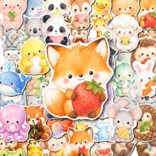 50Pcs PP Watercolor Animal Stickers, Healing Watercolor Cute Style, Including Koalas, Pandas, Dogs, Cats, Rabbits, Squirrels, Dolphins, Frogs And Other Cute Animal Elements, For Journal Collage,Tablet, Notebook, Storage Box, DIY Craft Decoration - Multicolor - View 2