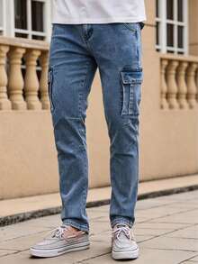Men's New Autumn/Winter Deep Blue Washed Stretch Straight Leg Cargo Jeans, Casual Denim Pants - Medium Wash - View 4