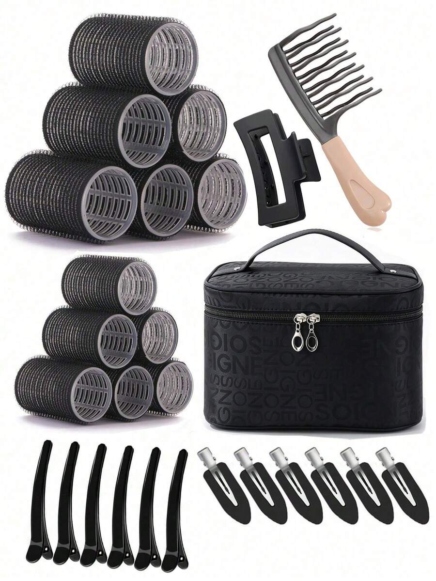 12 Pcs Rollers Hair Curlers , Large Medium Small Self Grip Hair Rollers With Rollers 12pcs Clips And 1 Cosmetic Bag And1pcWide Tooth Comb For Curls