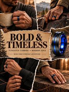 1pc Men's Black & Blue Tungsten Steel Ring - 8mm Center Groove Design With Beveled Edge, Suitable For Daily Wear And Special Occasions - Black - View 4