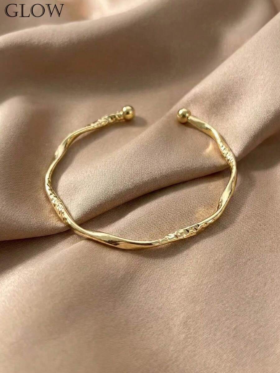 1pc Minimalist Chic Gold Tone Spiral Geometric Bangle Bracelet, Adjustable For Young Girl Daily & Festival Wear - Gold - View 1