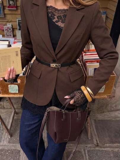 Women's Elegant Brown Waist-Cinched Blazer With Black Lace Trim, Regular Length Long Sleeve Woven Fabric Jacket, Suitable For Autumn Wear