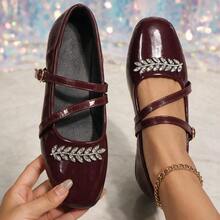 Black Glossy Patent Leather Texture With High-End Feel, Exquisite Sparkling Rhinestone Wheat Ear & Leaf Design On Toe; Square Toe For Comfortable Fit; Double Cross Strap Buckle For Secure Fit And Adjustable Heel Support; Soft Flat Sole, Lightweight And Comfortable, Easy To Wear For Long Walks, Versatile For Commuting And Parties - Burgundy - View 1