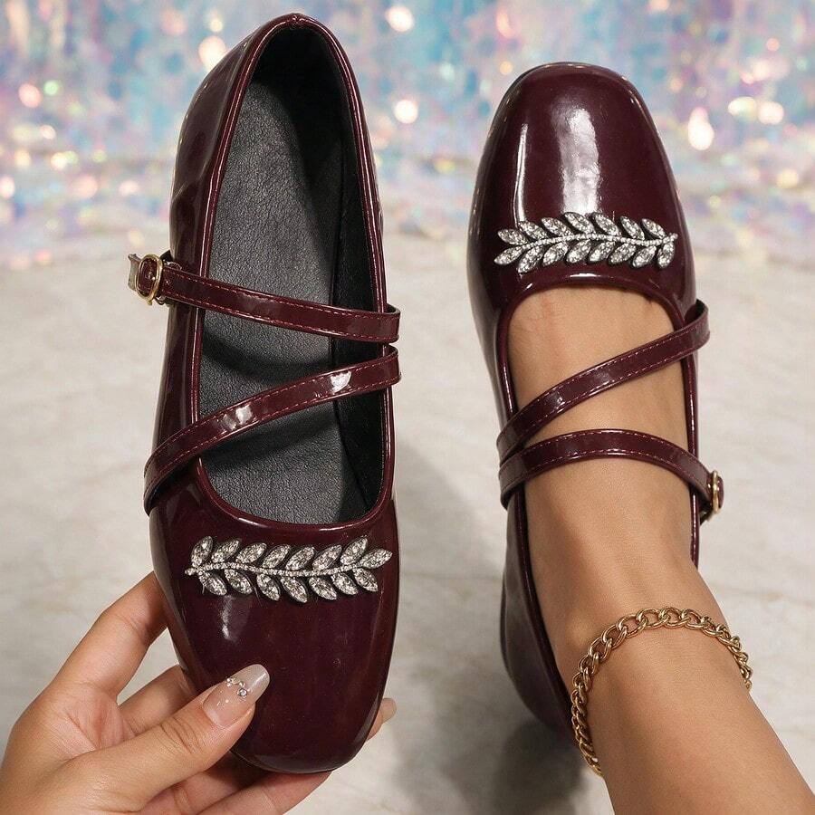 Black Glossy Patent Leather Texture With High-End Feel, Exquisite Sparkling Rhinestone Wheat Ear & Leaf Design On Toe; Square Toe For Comfortable Fit; Double Cross Strap Buckle For Secure Fit And Adjustable Heel Support; Soft Flat Sole, Lightweight And Comfortable, Easy To Wear For Long Walks, Versatile For Commuting And Parties - Burgundy - View 1