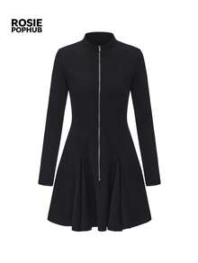 ROSIE POPHUB Women Black Stand Collar Long Sleeve Mini Dress, Front Zip Pleated Flared Hem Elegant Daily Christmas Dress For Fall Winter - Black - View 9