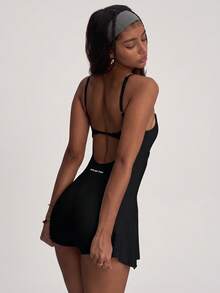 PinkTip Camisole Yoga Dress With Built-In Shorts, Criss-Cross Back Design, Suitable For Gym And Outdoor Sports, Tennis Skirt Logo Version Black Summer Style - Black - View 5