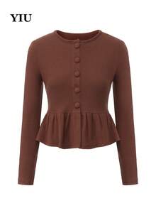 YIU LUMOS Women's Coffee Brown Waffle Knit Top, Round Button Long Sleeve Cinched Waist Ruffle Hem Slim Fit, Vintage Commuter Style Blouse - Coffee Brown - View 10