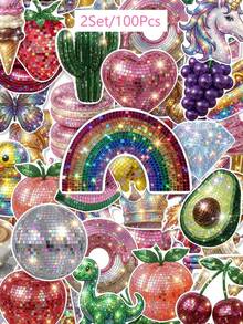 50/100pcs Shiny Sequin Disco Y2K Stickers, Vintage Mirror Ball Food Animal Rainbow Star Glitter Stickers, Suitable For Phone Cases, Water Bottles, Skateboards And Personalized DIY - Multicolor - View 7