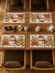 4 Pcs Christmas Gingerbread Man Snowman Placemats Gift Box Snowflake Stripe Border Heat Resistant Table Mats Farmhouse Xmas Dining Table Decor - Red and White - View 1