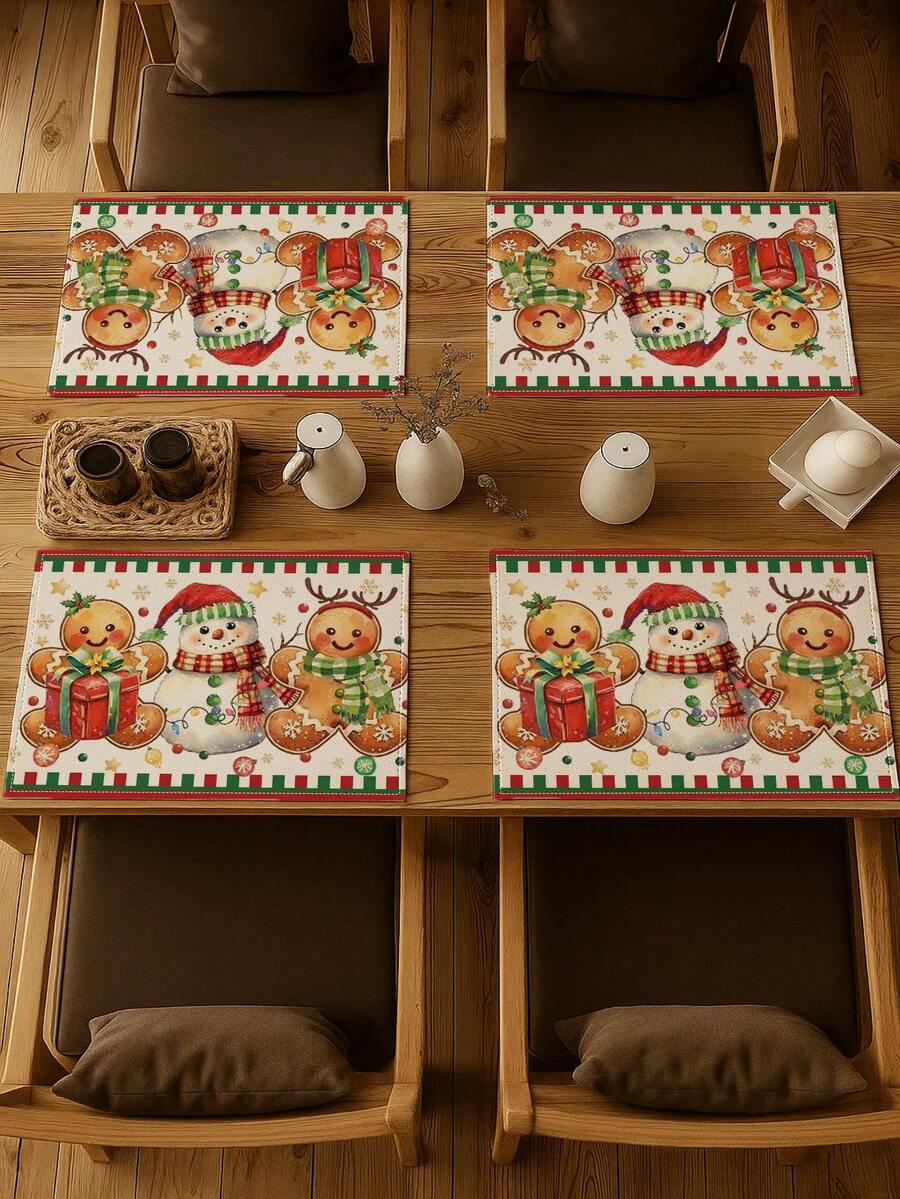 4 Pcs Christmas Gingerbread Man Snowman Placemats Gift Box Snowflake Stripe Border Heat Resistant Table Mats Farmhouse Xmas Dining Table Decor - Red and White - View 1