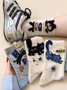 5 Pairs Random Assorted Women's Mid-Calf Socks, All-Season Flocked Cat Cartoon Mid-Calf Socks, Fashionable And Minimalist, Fun And Playful, Soft And Comfortable Fabric, Skin-Friendly And Non-Irritating, Breathable And Non-Stuffy, Suitable For Various Occasions - Multicolor - View 3