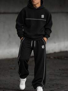 Zrgoth Men's High Street Colorblock Line Print Sportswear Set, With "B" Star Pattern Print, Loose Hoodie And Wide Leg Drawstring Sweatpants 2 Pieces Set - Black - View 4