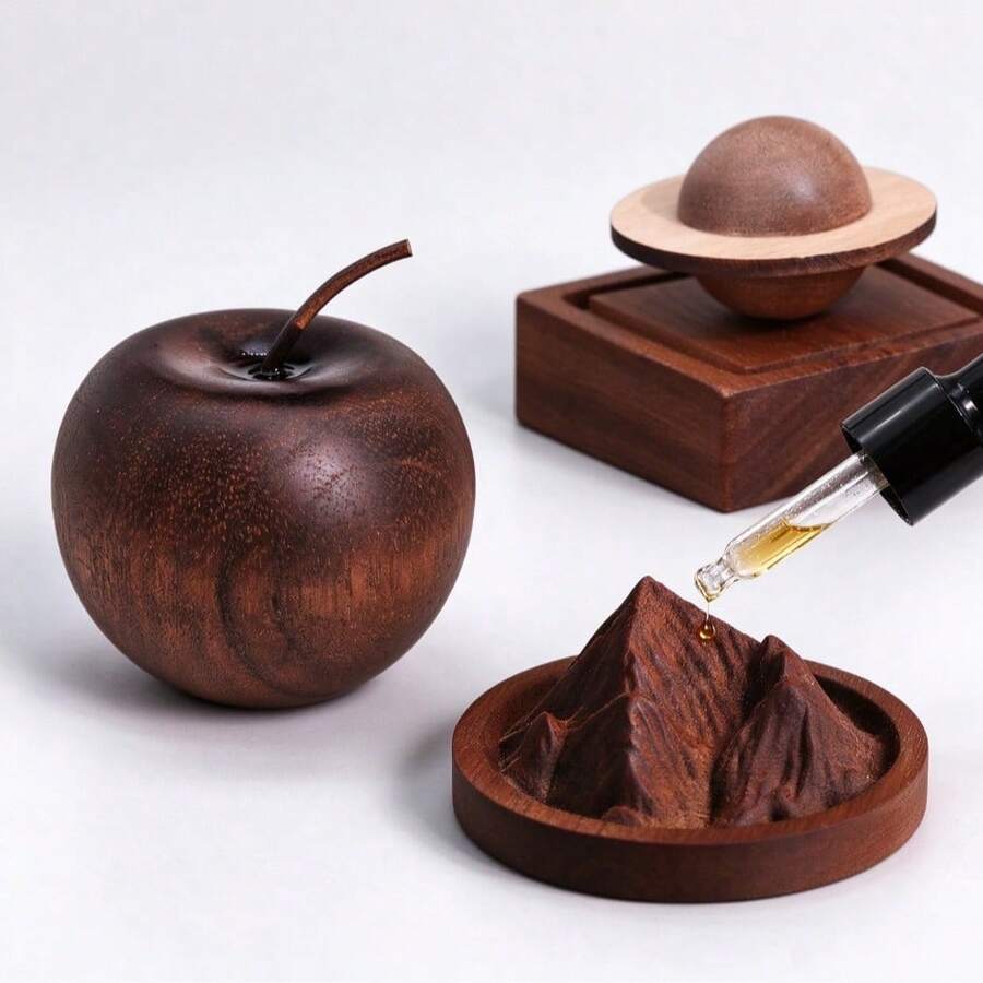Sapele Wood Aromatherapy Diffuser, Natural Solid Wood Essential Oil Diffuser, Mountain Planet Apple Shaped Desktop/Car Aromatherapy Decor, Portable Wooden Diffuser, Home Office Decor Air Freshener Gift - A - View 1