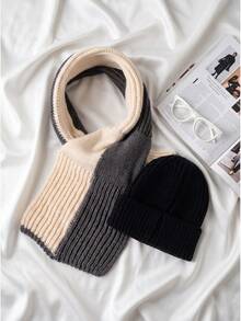 Women's Short Knitted Scarf, Cross-Knit Neck Warmer, Korean Style Colorblock Versatile Neck Protector, Autumn/Winter Woolen Beanie Hat, Japanese Style Solid Color Knitted Cold Weather Cap - A - View 6