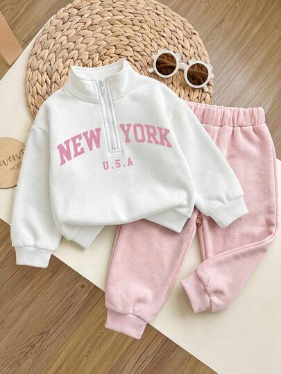 2pcs/Set Girls Toddler Autumn/Winter Letter Print Half-Zip Stand Collar Sweatshirt & Jogger Pants American Minimalist Casual Young Girl Outfit