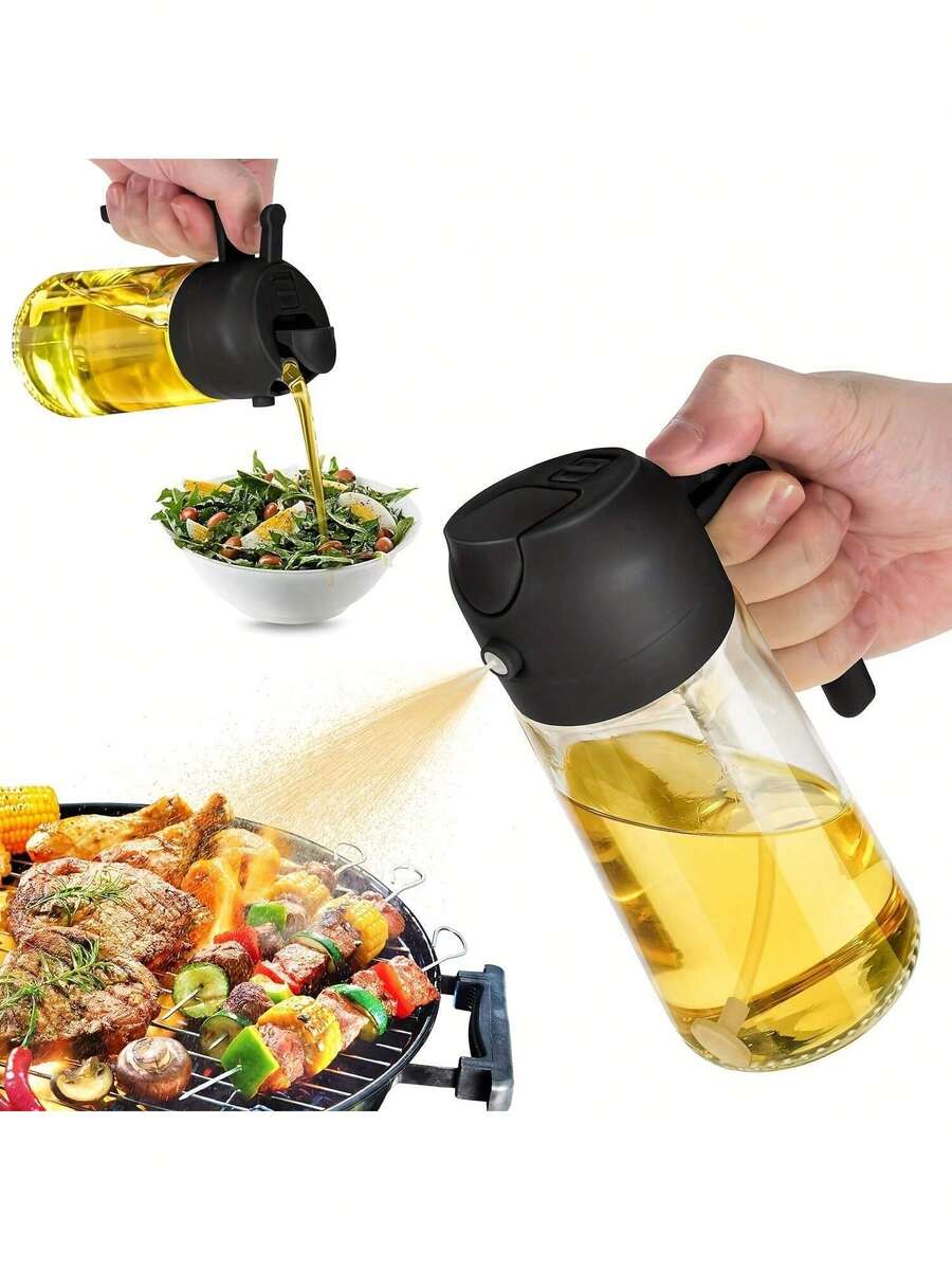 1Pc Leak-Proof Dual Nozzle Oil Bottle, Double Squeeze Sprayer For Even Oil Spraying, Durable & Easy To Clean Kitchen Essential, Perfect For Cooking, Frying, Salad Making, BBQ, Air Fryer Use And Outdoor Picnic