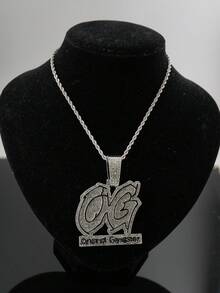 Full Rhinestone OG Letter Pendant Necklace, Iced Out Cuban Chain, Men's Hip Hop Shiny Personalized Jewelry, Nightclub Party Accessory - Original - View 4