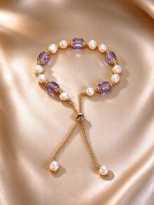 Vintage Faux Pearl Bracelet, Adjustable Drawstring, French Elegant Versatile Skin-Brightening, Best Friend Birthday Gift For Girlfriend - Multicolor - View 3