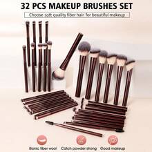 44/32Pcs Total Makeup Tool Kit, Including 32 Pcs Wine Red Flat Tricolor Brushes, 2 Pcs Coffee Short‑Handle Flat Brushes And 10 Pcs Makeup Accessories. Comfortable Grip Handles With Soft Bristles, Gentle Touch On Skin During Makeup Application - Multicolor - View 12