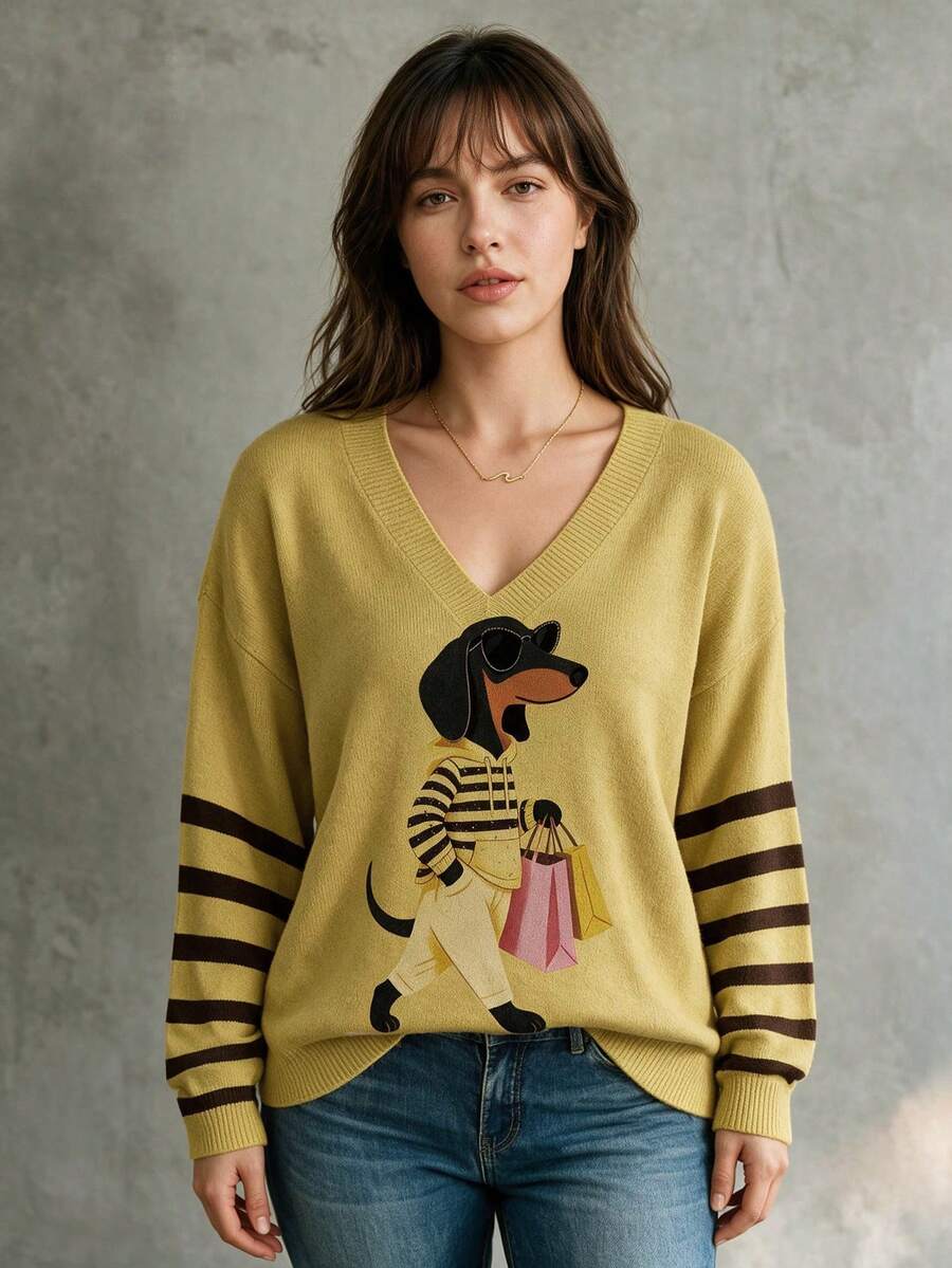 ASHKATIA Women's Sweater, Autumn And Winter Plus Size Clothing, Cute Puppy Print - Multicolor - View 1