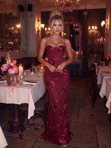 Floral Embroidered Elegant Sexy Spaghetti Strap Mermaid Party Dress For Date And Evening Event - Burgundy - View 2