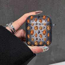 1PC Halloween Full Print Smiling Pumpkin & Bat Pattern Earphone Protective Case, Compatible With /2, AirPods3, AirPods4, AirPods5, AirPodsPro, AirPodsPro3, Full Coverage Anti-Drop Soft Shell - Transparent Black - View 3