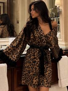 Women's 1pc Sexy Leopard Print Sheer Robe With Black Waist Tie And Ruffle Cuffs - Brown - View 2