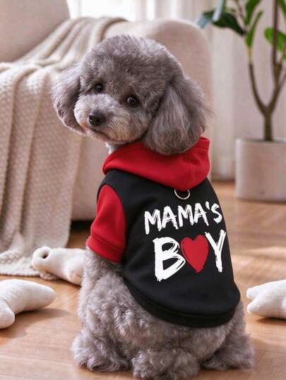 1pc "Mama's Boy" Letter & Red Heart Graphic Pet Hoodie With Leash D-Ring, Soft Warm Dog Sweatshirt, Two-Legged Puppy Clothes For Small Dogs Teddy Bichon Daily Outdoor Outfit