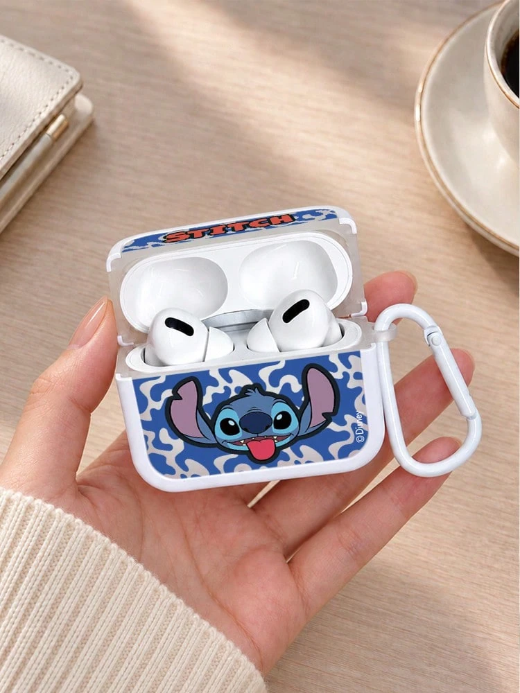 Miniso Disney Premium TPU 藍牙耳機保護殼,附 1 個同色掛鉤,相容 AirPods 1/2/3/4/5/Pro/Pro2/Pro3,新款軟殼耳機套,可愛卡通史迪奇設計,情侶通用 - 白色 - 查看 1