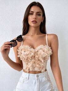 Floral Studded Fishbone Bustier With Padded Cups, Sexy High-End Camisole Tank Top For Clubbing, Wearable As Inner Layer Or Outerwear - Apricot - View 1