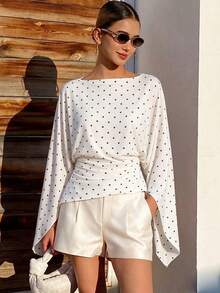 Polka Dot Print Pleated Women's T-Shirt, Casual Versatile Style For Daily Wear And Travel - White - View 8