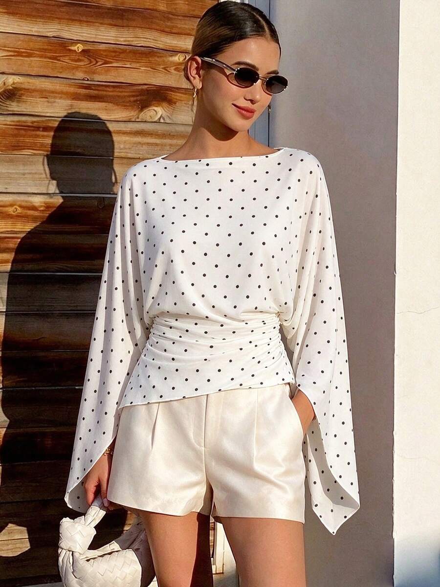 Polka Dot Print Pleated Women's T-Shirt, Casual Versatile Style For Daily Wear And Travel - White - View 1
