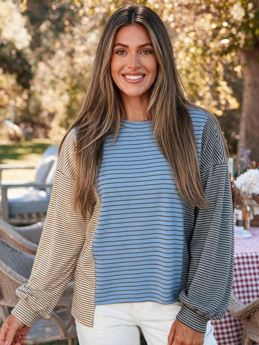 Acelitt Round Neck Color Block Striped Print Dropped Shoulder Petal Sleeve Loose Knit Top - Blue - View 1