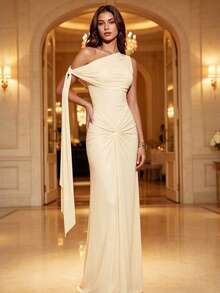 Summer Asymmetric One-Shoulder Fitted Waist Twisted Design Evening Gown, Suitable For Vacation And Date - Yellow - View 5