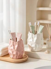 1pc Wavy Aesthetic Toothbrush Holder, Asymmetrical Texture Storage Rack, Suitable For Bathroom Vanity Countertop, Cute Modern Toothpaste And Makeup Brush Storage Cup, Fashion Home Decor Accessory - Multicolor - View 5