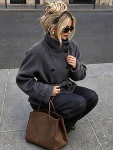 2026 Autumn/Winter Deep Gray Thick Wool Blend High Neck Double-Breasted Belted Short Jacket, British Vintage Commuter Jacket - Dark Heather Grey - View 2
