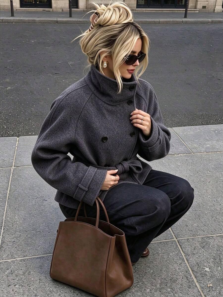 2026 Autumn/Winter Deep Gray Thick Wool Blend High Neck Double-Breasted Belted Short Jacket, British Vintage Commuter Jacket