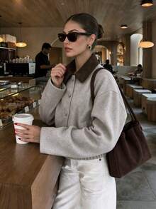 Women's Autumn/Winter New Vintage Grey-Brown Suede Wool Short Jacket, Slim Fit Relaxed Lapel Contrast Design, Casual Commute Date Outfit - Greyish Brown - View 3