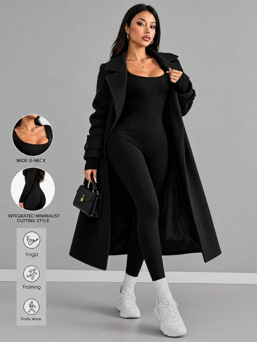 Mono para mujer AiTyi, cuello en U negro, ajuste casual ceñido, multiusos para deportes, estilo básico, negocios, yoga, fitness, estilo sexy Y2K Ins, regreso a la escuela, Halloween, otoño/invierno - Negro - Ver 1